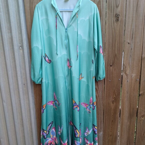 Vintage 60's-70's Butterfly Print Turquoise Maxi Dress MuuMuu - Tique of Cali - Picture 1 of 6